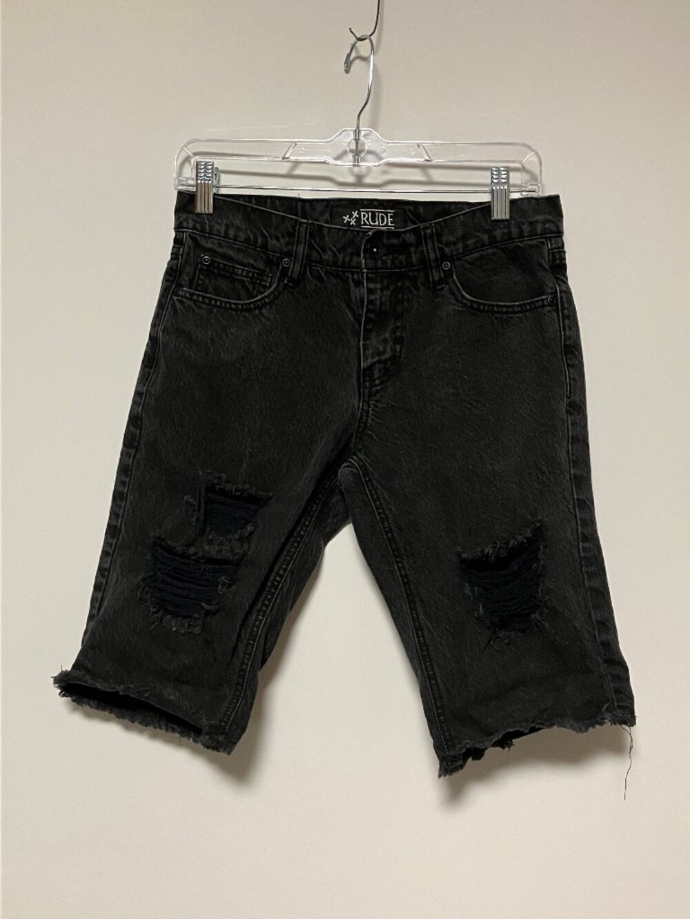 Rude Hot Topic Distressed Black Denim Shorts Raw Hem Jorts Men’s Size 28 Skinny